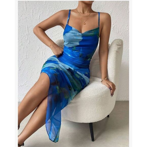 NEW Printed Bodycon Midi Cami Side Slit Mesh Layered Dress L 12/14 - Picture 7 of 7